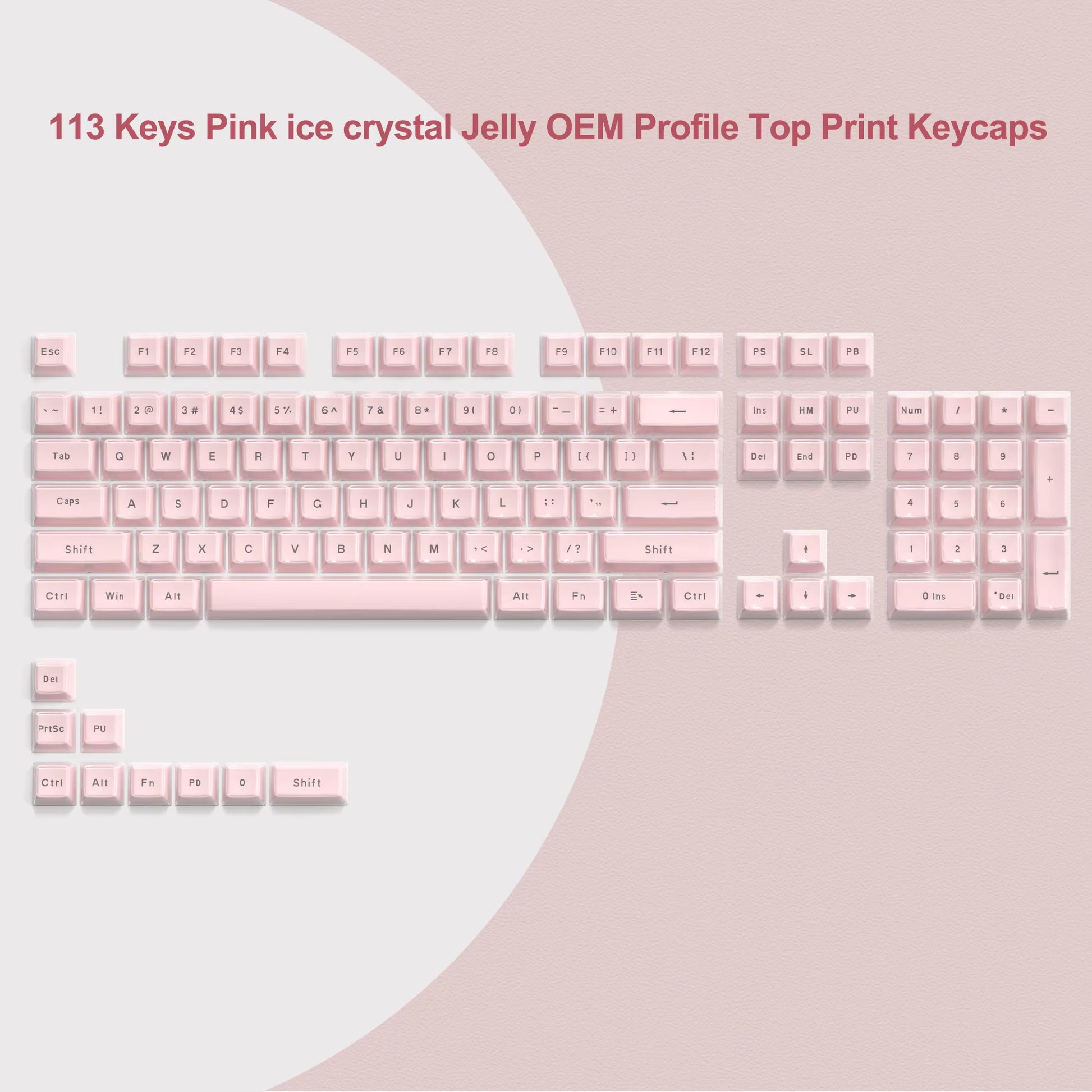 113 Key Jelly round Side Keycaps Ice Crystal Translucent Pink OEM Profile Key Cap for Cherry MX 61 68 104 Mechanical Keyboard