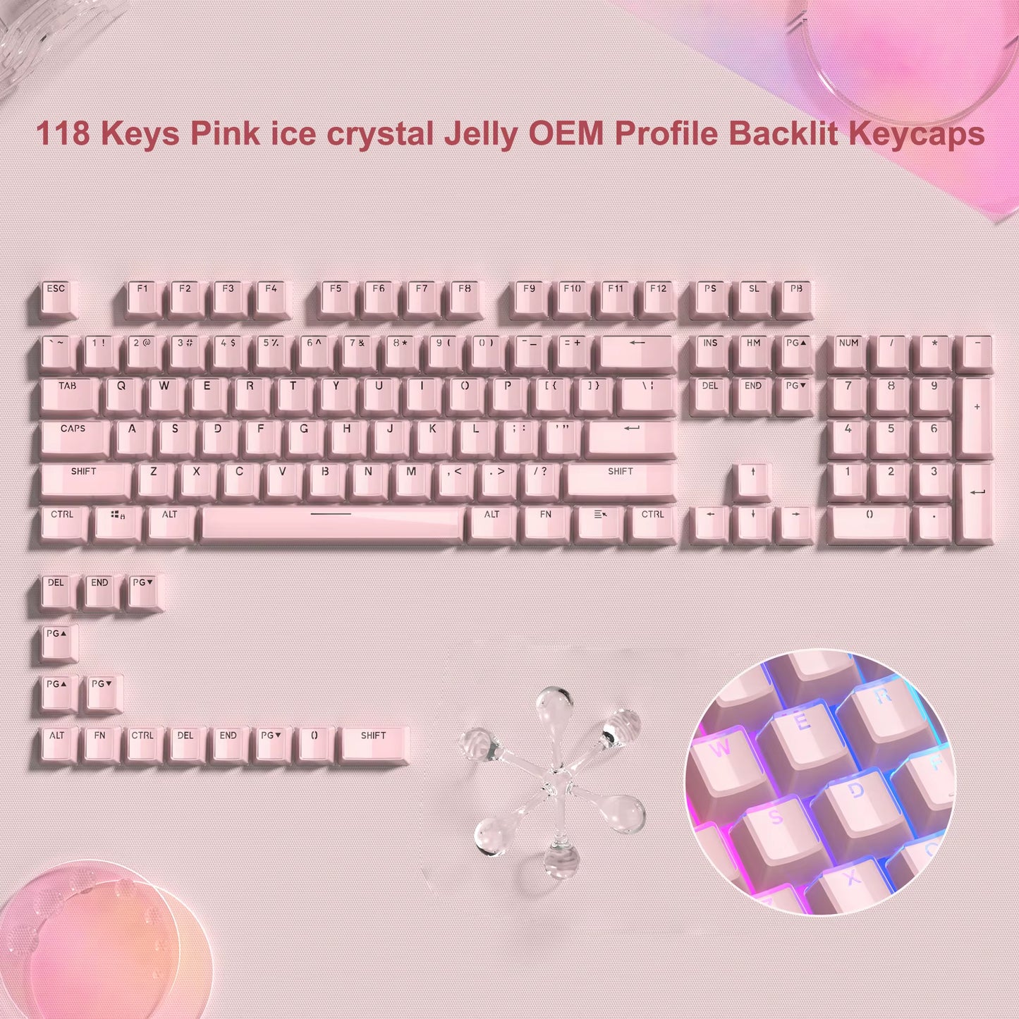 113 Key Jelly round Side Keycaps Ice Crystal Translucent Pink OEM Profile Key Cap for Cherry MX 61 68 104 Mechanical Keyboard